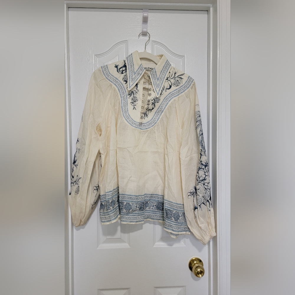 Alemais Cream and Light Blue Printed Peasant Blouse - Picture 5 of 8